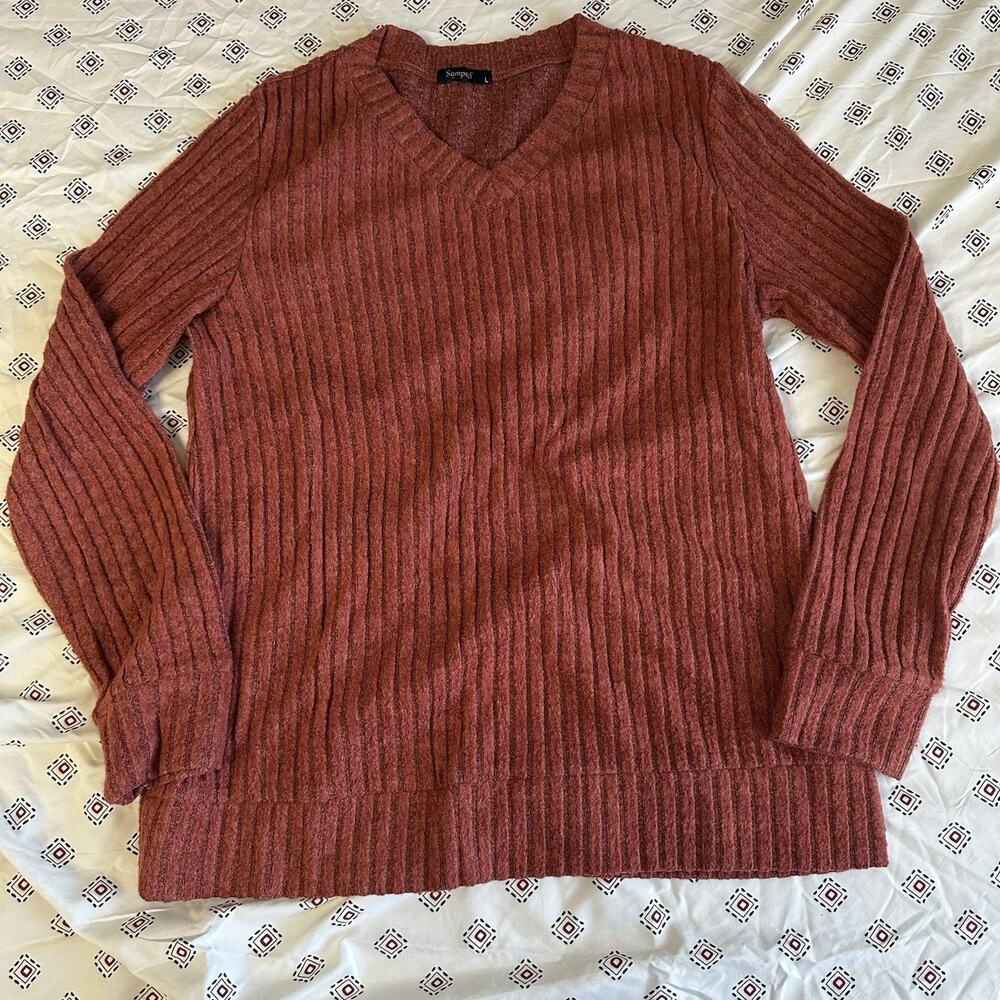 sampel Women’s Sweater large red orange knitted ribbed crew neck pullover